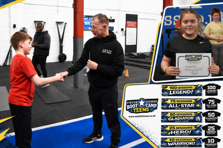 Young member receiving a certificate from a coach, alongside session milestone badges