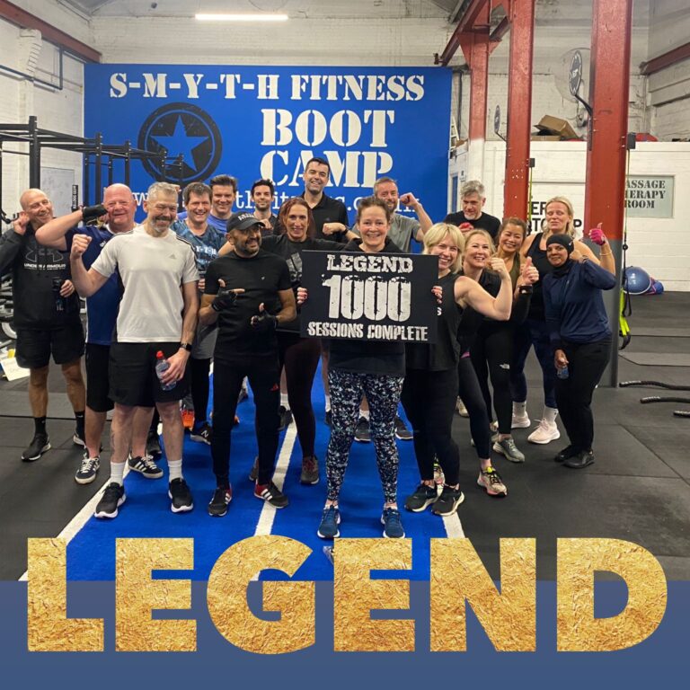 Group of members celebrating a 'Legend – 1000 sessions complete' milestone at Smyth Fitness