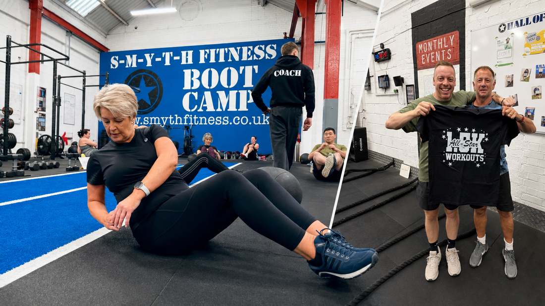 Woman doing a floor exercise while two members hold up a Smyth Fitness t-shirt